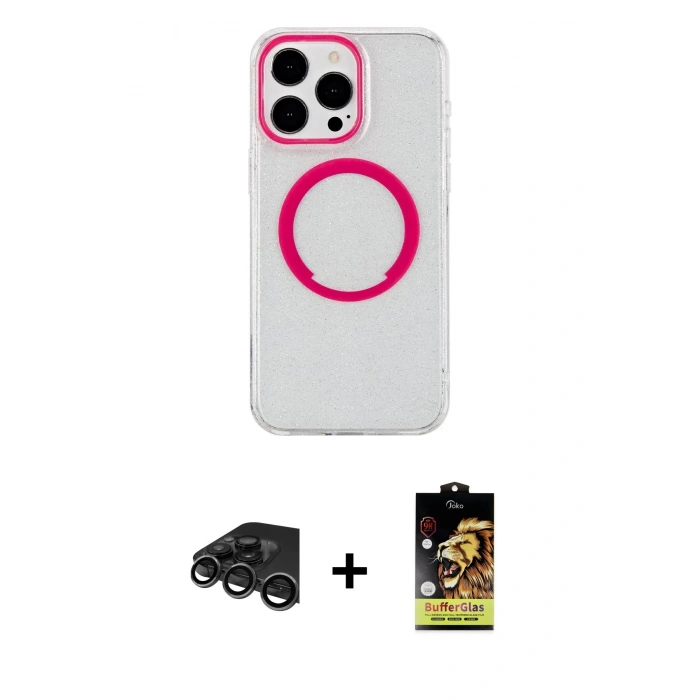 MARSİLYAN™- iPhone 15 Pro Max Kılıf Pusula Form - Siyah Buffer Cam Ekran Koruyucu + Raze Metal Kamera Lens - TMGI