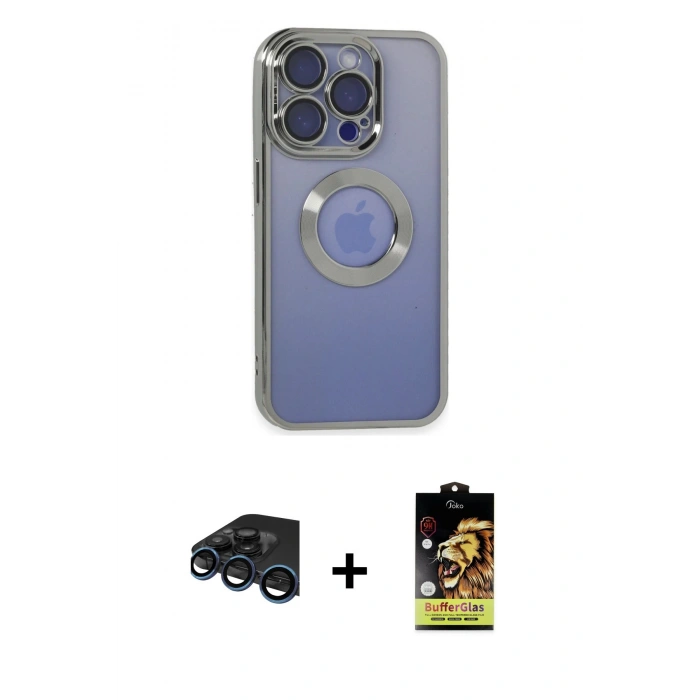 MARSİLYAN™- iPhone 15 Pro Max Kılıf Pusula Form - Siyah Buffer Cam Ekran Koruyucu + Raze Metal Kamera Lens - LT