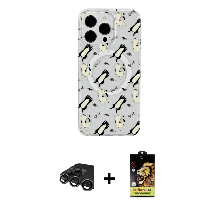 MARSİLYAN™- iPhone 15 Pro Max Kılıf Pusula Form - Siyah Buffer Cam Ekran Koruyucu + Raze Metal Kamera Lens - TMGI