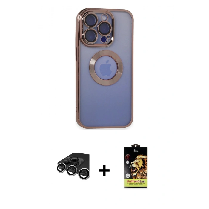MARSİLYAN™- iPhone 15 Pro Max Kılıf Pusula Form - Siyah Buffer Cam Ekran Koruyucu + Raze Metal Kamera Lens - GS