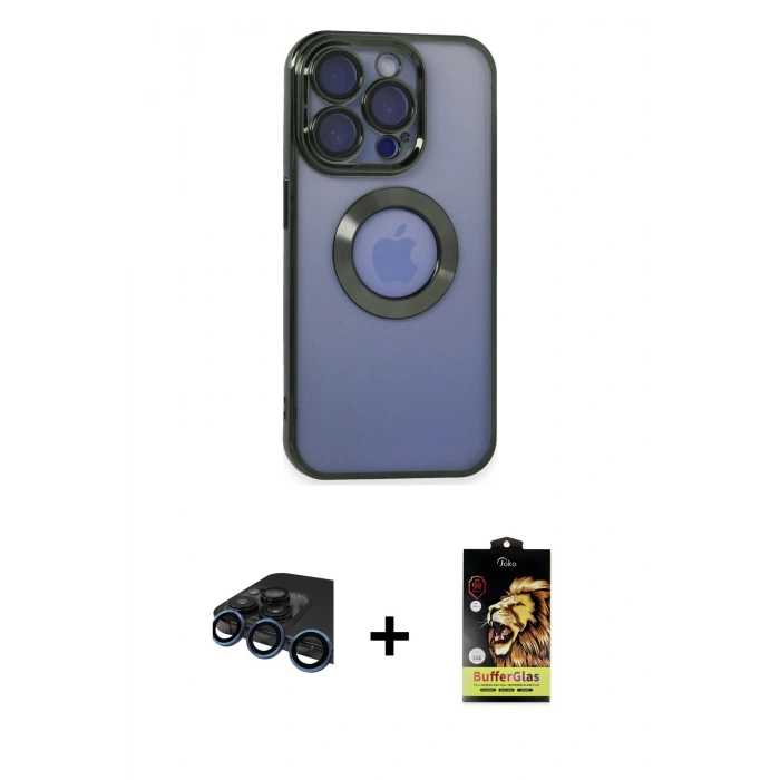 MARSİLYAN™- iPhone 15 Pro Max Kılıf Pusula Form - Siyah Buffer Cam Ekran Koruyucu + Raze Metal Kamera Lens - LT