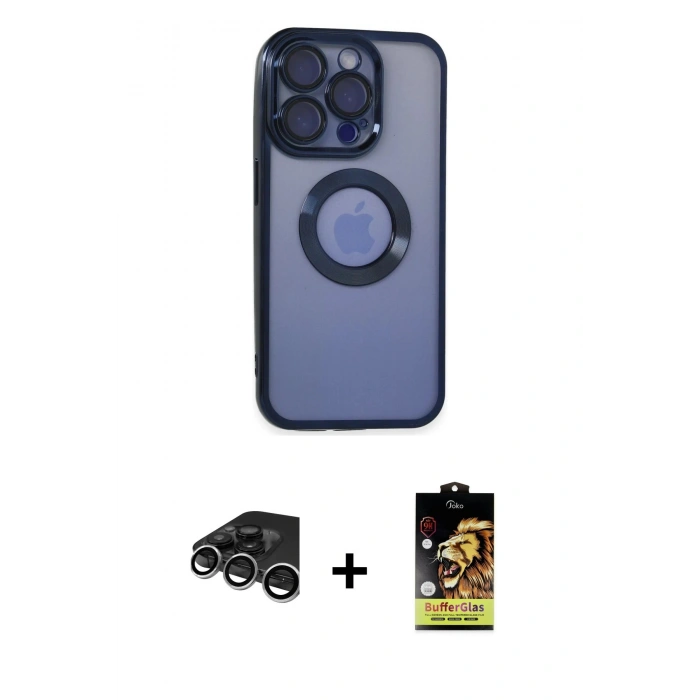 MARSİLYAN™- iPhone 15 Pro Max Kılıf Pusula Form - Siyah Buffer Cam Ekran Koruyucu + Raze Metal Kamera Lens - GS
