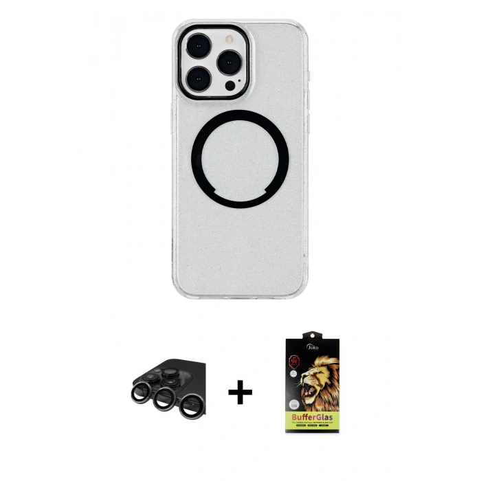 MARSİLYAN™- iPhone 15 Pro Max Kılıf Pusula Form - Siyah Buffer Cam Ekran Koruyucu + Raze Metal Kamera Lens - TMGI