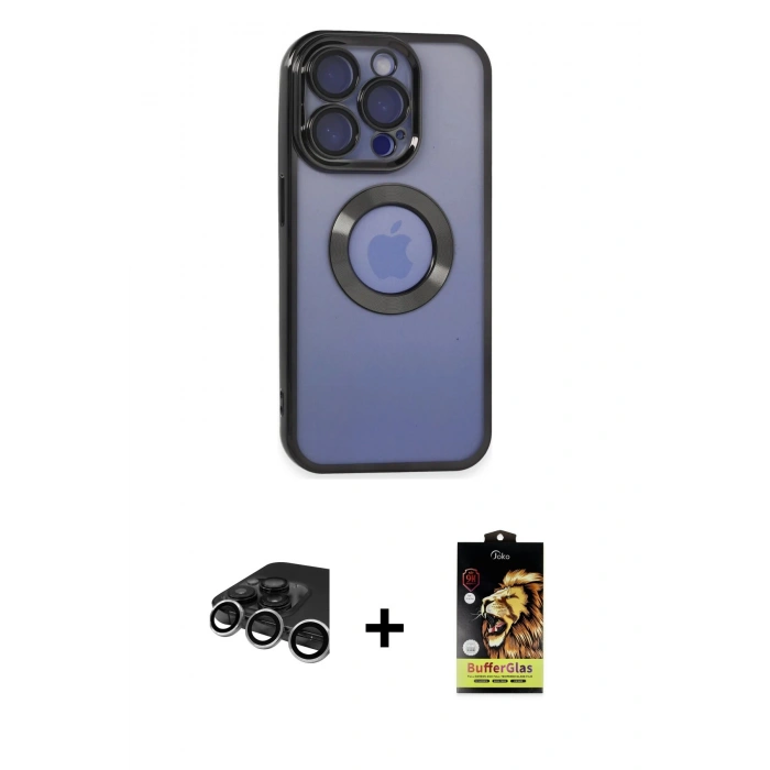 MARSİLYAN™- iPhone 15 Pro Max Kılıf Pusula Form - Siyah Buffer Cam Ekran Koruyucu + Raze Metal Kamera Lens - GS