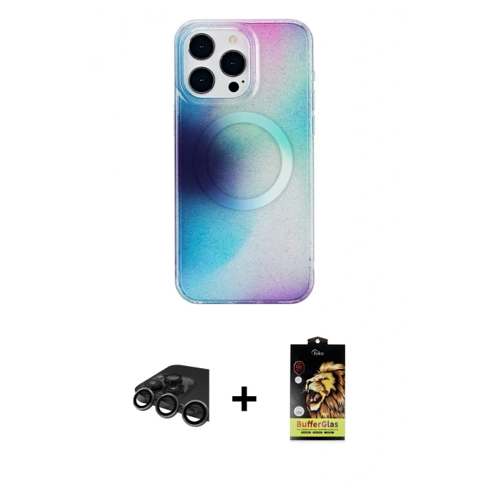 MARSİLYAN™- iPhone 15 Pro Max Kılıf Pusula Form - Siyah Buffer Cam Ekran Koruyucu + Raze Metal Kamera Lens - TMGI