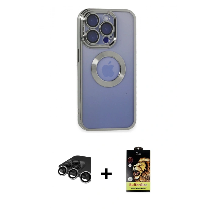 MARSİLYAN™- iPhone 15 Pro Max Kılıf Pusula Form - Siyah Buffer Cam Ekran Koruyucu + Raze Metal Kamera Lens - GS