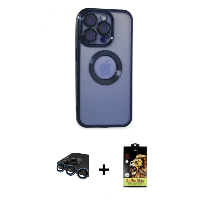 MARSİLYAN™- iPhone 15 Pro Max Kılıf Pusula Form - Siyah Buffer Cam Ekran Koruyucu + Raze Metal Kamera Lens - LT