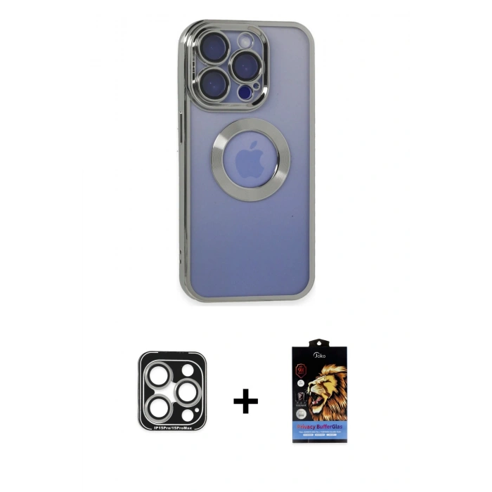 MARSİLYAN™- iPhone 15 Pro Max Kılıf Pusula Form - Siyah Buffer Hayalet Cam Ekran Koruyucu + PVD Metal Kamera Lens - GS