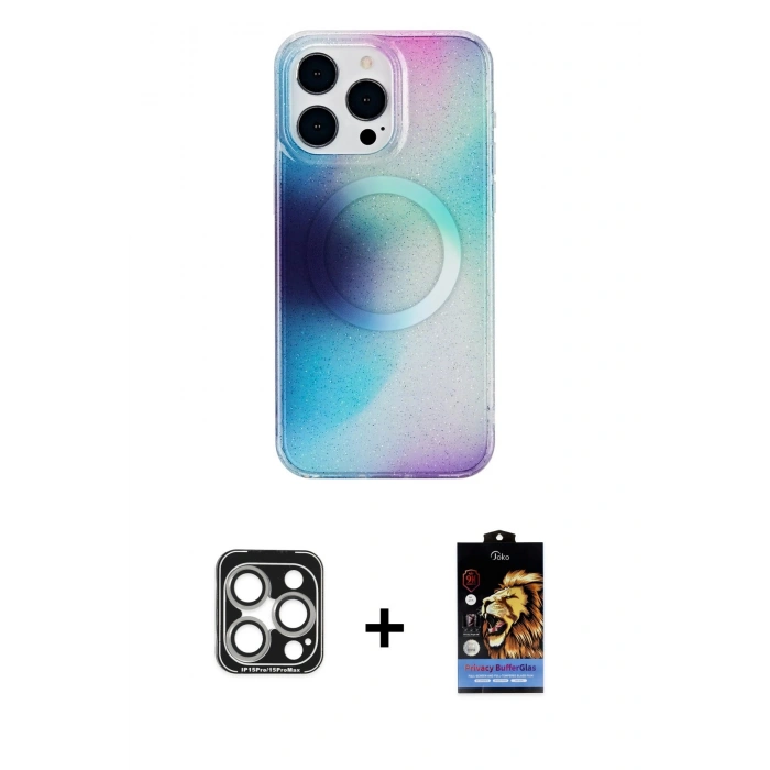 MARSİLYAN™- iPhone 15 Pro Max Kılıf Pusula Form - Siyah Buffer Hayalet Cam Ekran Koruyucu + PVD Metal Kamera Lens - GS