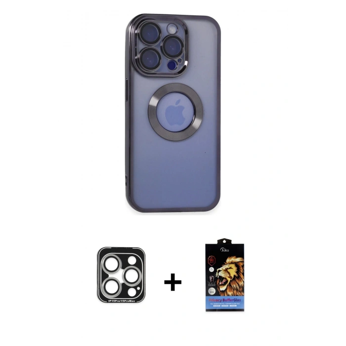 MARSİLYAN™- iPhone 15 Pro Max Kılıf Pusula Form - Siyah Buffer Hayalet Cam Ekran Koruyucu + PVD Metal Kamera Lens - GS