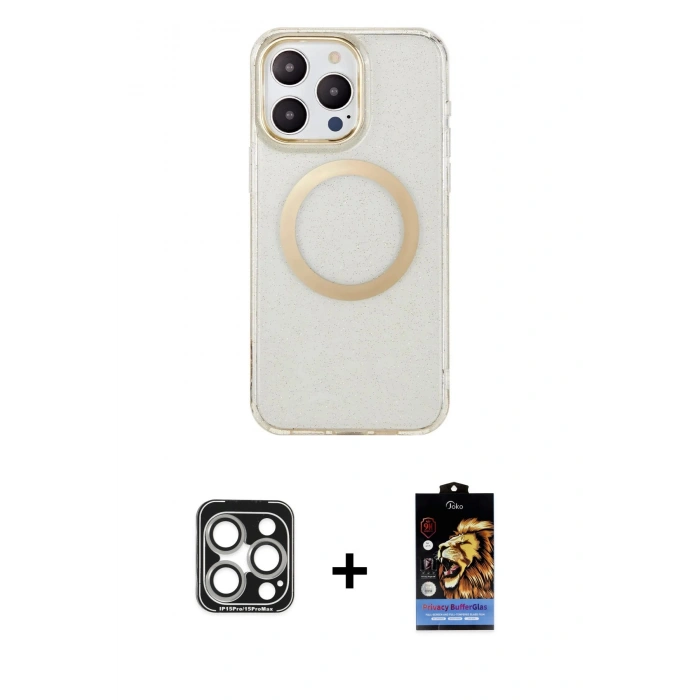 MARSİLYAN™- iPhone 15 Pro Max Kılıf Pusula Form - Siyah Buffer Hayalet Cam Ekran Koruyucu + PVD Metal Kamera Lens - GS