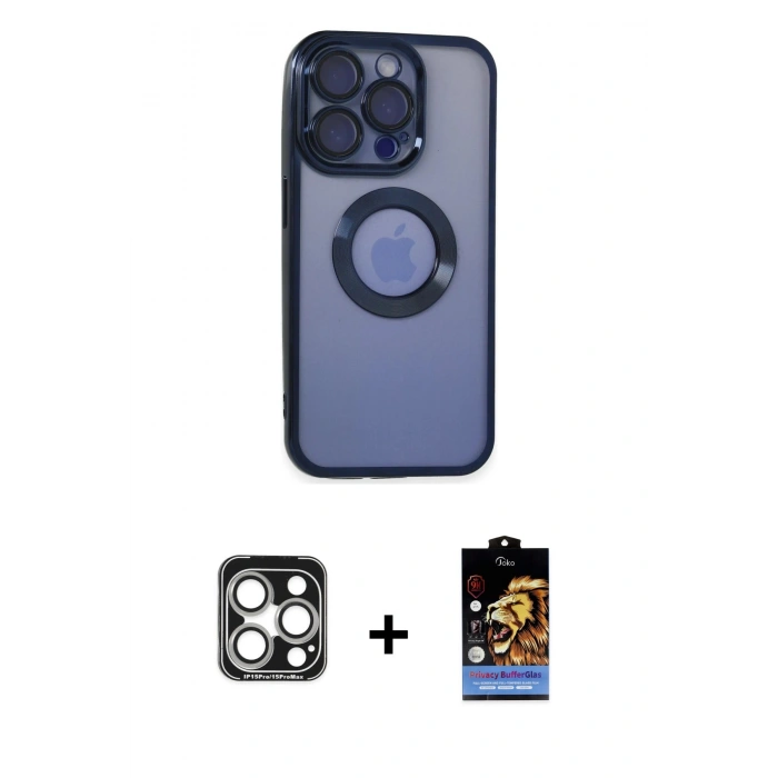 MARSİLYAN™- iPhone 15 Pro Max Kılıf Pusula Form - Siyah Buffer Hayalet Cam Ekran Koruyucu + PVD Metal Kamera Lens - GS