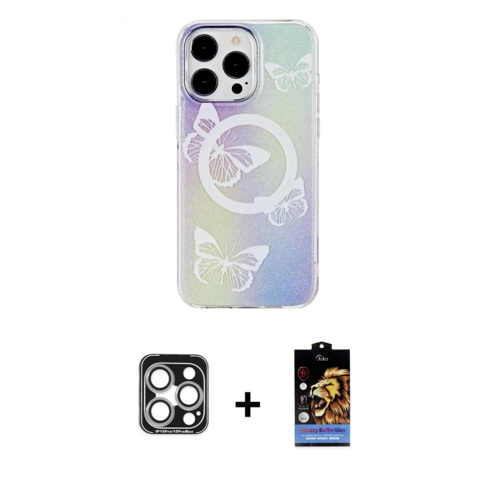 MARSİLYAN™- iPhone 15 Pro Max Kılıf Pusula Form - Siyah Buffer Hayalet Cam Ekran Koruyucu + PVD Metal Kamera Lens - GS