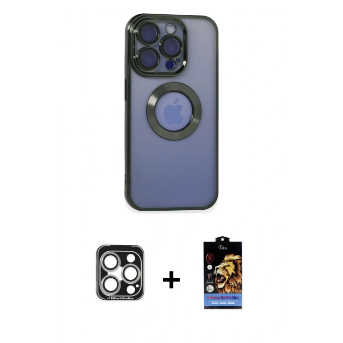 MARSİLYAN™- iPhone 15 Pro Max Kılıf Pusula Form - Siyah Buffer Hayalet Cam Ekran Koruyucu + PVD Metal Kamera Lens - GS