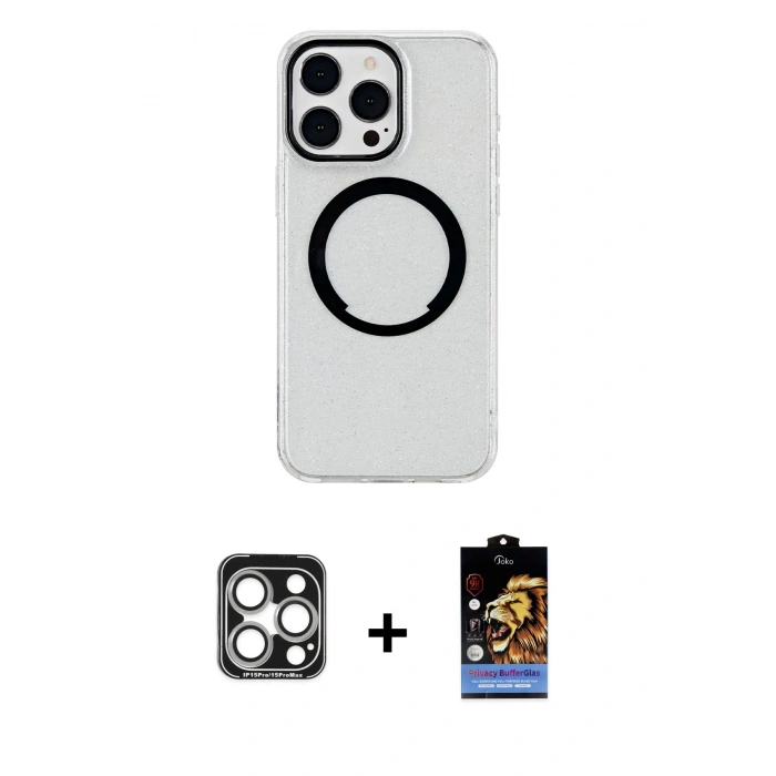 MARSİLYAN™- iPhone 15 Pro Max Kılıf Pusula Form - Siyah Buffer Hayalet Cam Ekran Koruyucu + PVD Metal Kamera Lens - GS