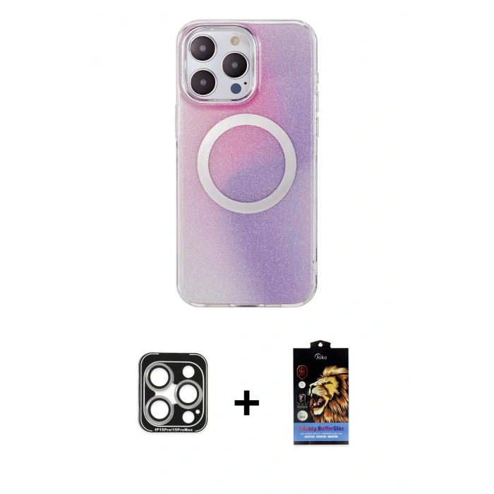 MARSİLYAN™- iPhone 15 Pro Max Kılıf Pusula Form - Siyah Buffer Hayalet Cam Ekran Koruyucu + PVD Metal Kamera Lens - GS
