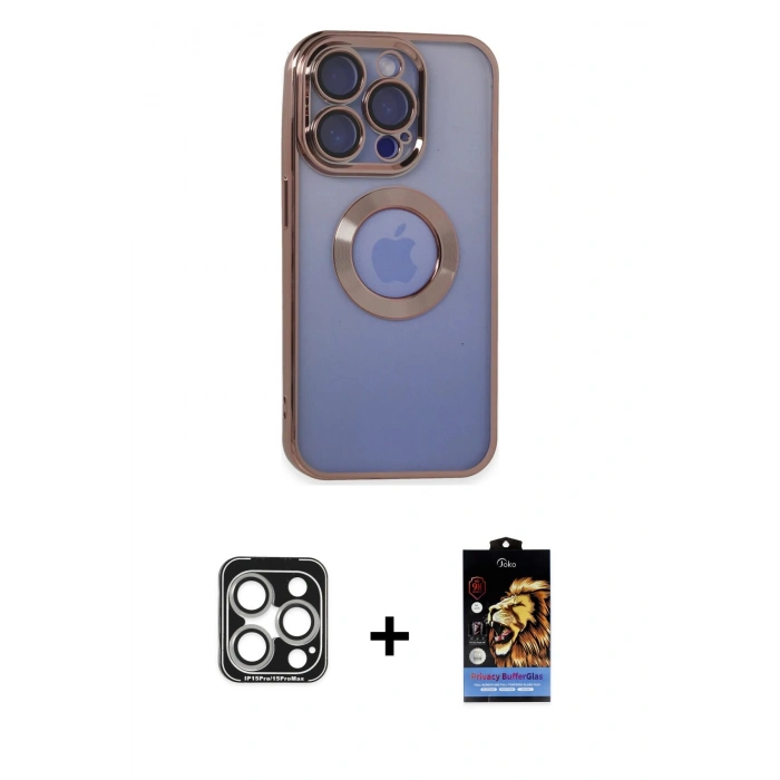 MARSİLYAN™- iPhone 15 Pro Max Kılıf Pusula Form - Siyah Buffer Hayalet Cam Ekran Koruyucu + PVD Metal Kamera Lens - GS