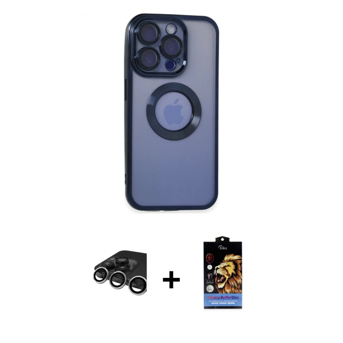 MARSİLYAN™- iPhone 15 Pro Max Kılıf Pusula Form - Siyah Buffer Hayalet Cam Ekran Koruyucu + Raze Metal Kamera Lens - GS