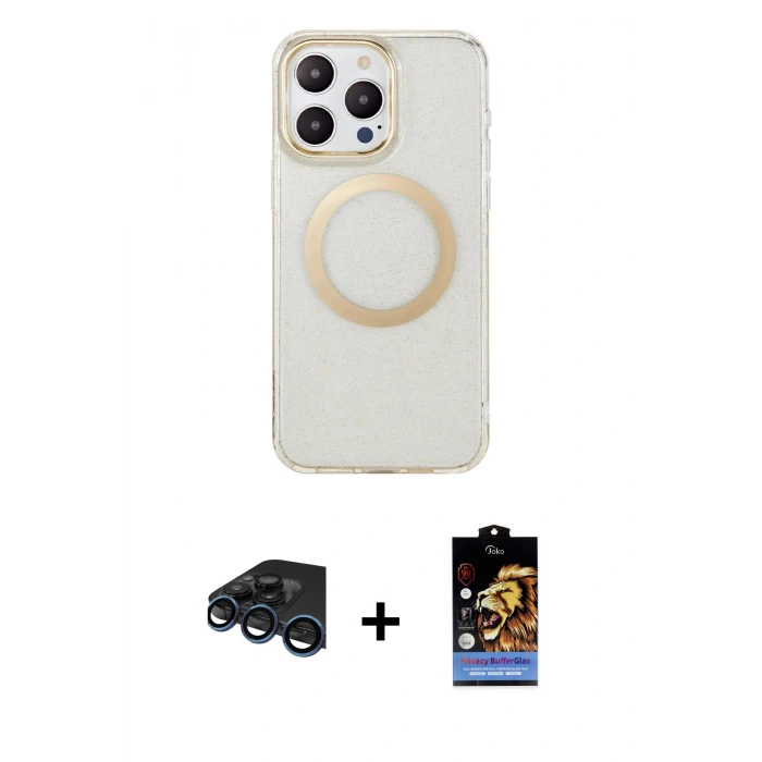 MARSİLYAN™- iPhone 15 Pro Max Kılıf Pusula Form - Siyah Buffer Hayalet Cam Ekran Koruyucu + Lacivert Raze Metal Kamera Lens