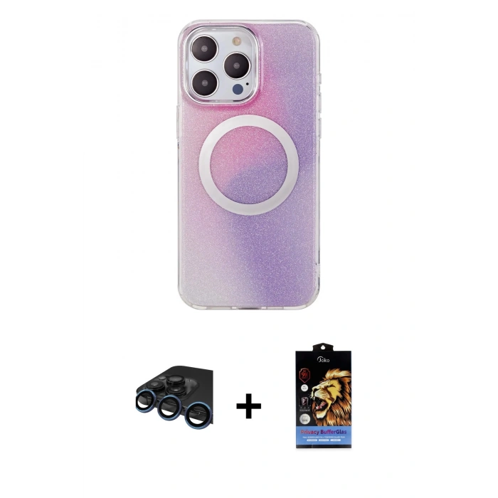 MARSİLYAN™- iPhone 15 Pro Max Kılıf Pusula Form - Siyah Buffer Hayalet Cam Ekran Koruyucu + Lacivert Raze Metal Kamera Lens