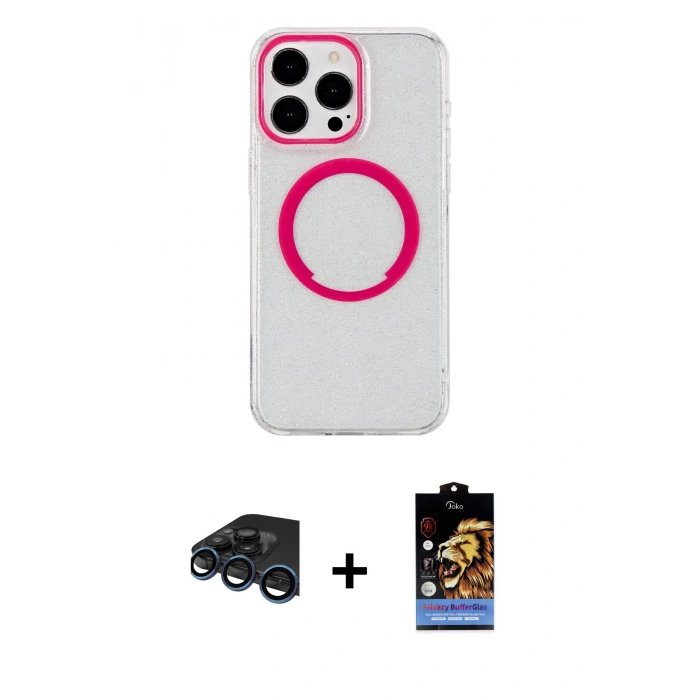 MARSİLYAN™- iPhone 15 Pro Max Kılıf Pusula Form - Siyah Buffer Hayalet Cam Ekran Koruyucu + Lacivert Raze Metal Kamera Lens