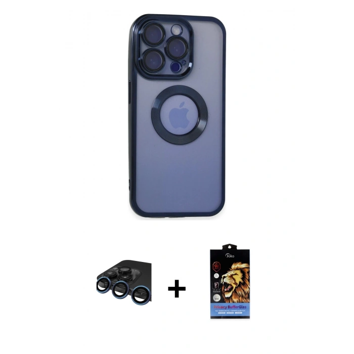 MARSİLYAN™- iPhone 15 Pro Max Kılıf Pusula Form - Siyah Buffer Hayalet Cam Ekran Koruyucu + Raze Metal Kamera Lens - LT