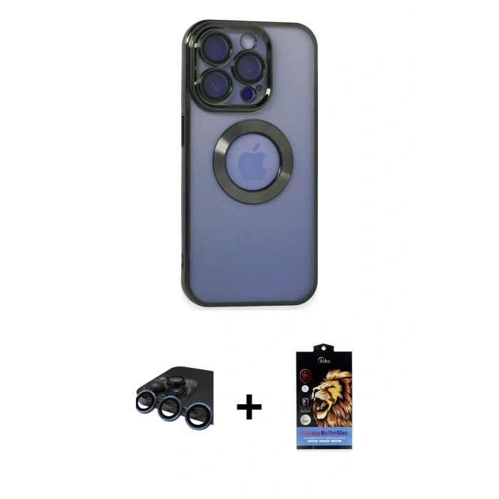 MARSİLYAN™- iPhone 15 Pro Max Kılıf Pusula Form - Siyah Buffer Hayalet Cam Ekran Koruyucu + Raze Metal Kamera Lens - LT