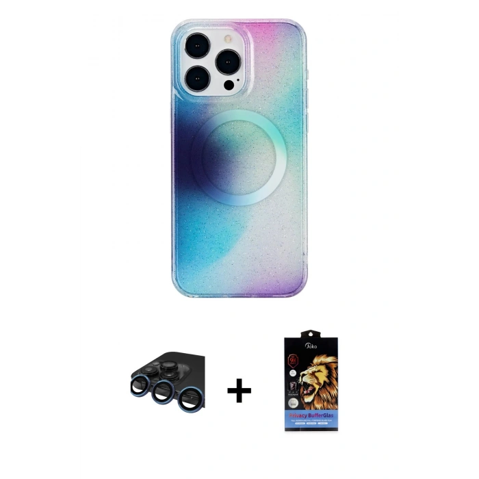 MARSİLYAN™- iPhone 15 Pro Max Kılıf Pusula Form - Siyah Buffer Hayalet Cam Ekran Koruyucu + Lacivert Raze Metal Kamera Lens