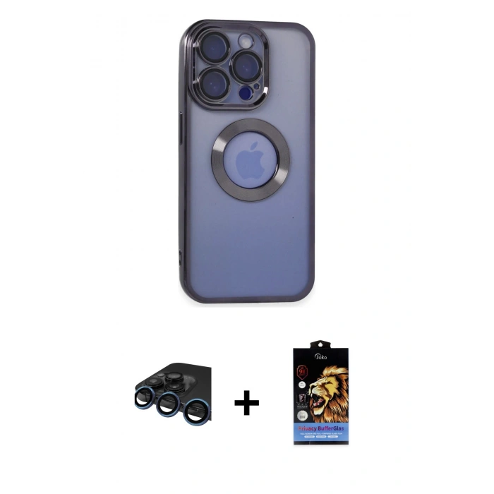 MARSİLYAN™- iPhone 15 Pro Max Kılıf Pusula Form - Siyah Buffer Hayalet Cam Ekran Koruyucu + Raze Metal Kamera Lens - LT