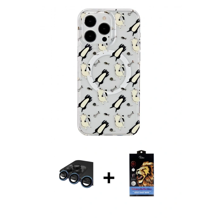 MARSİLYAN™- iPhone 15 Pro Max Kılıf Pusula Form - Siyah Buffer Hayalet Cam Ekran Koruyucu + Lacivert Raze Metal Kamera Lens