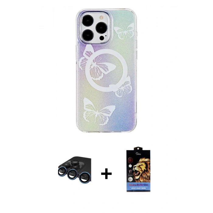 MARSİLYAN™- iPhone 15 Pro Max Kılıf Pusula Form - Siyah Buffer Hayalet Cam Ekran Koruyucu + Lacivert Raze Metal Kamera Lens