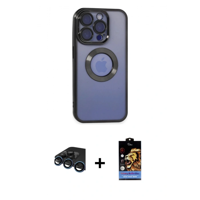 MARSİLYAN™- iPhone 15 Pro Max Kılıf Pusula Form - Siyah Buffer Hayalet Cam Ekran Koruyucu + Raze Metal Kamera Lens - LT