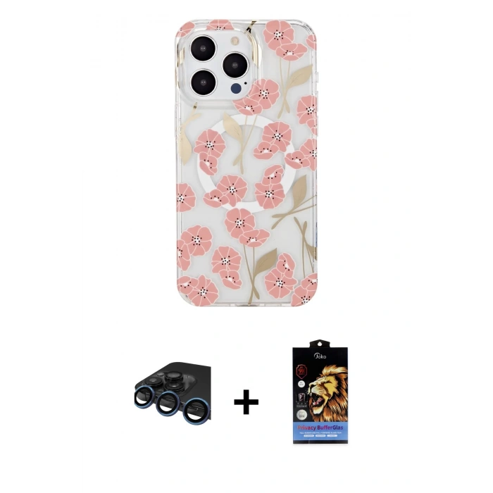 MARSİLYAN™- iPhone 15 Pro Max Kılıf Pusula Form - Siyah Buffer Hayalet Cam Ekran Koruyucu + Lacivert Raze Metal Kamera Lens