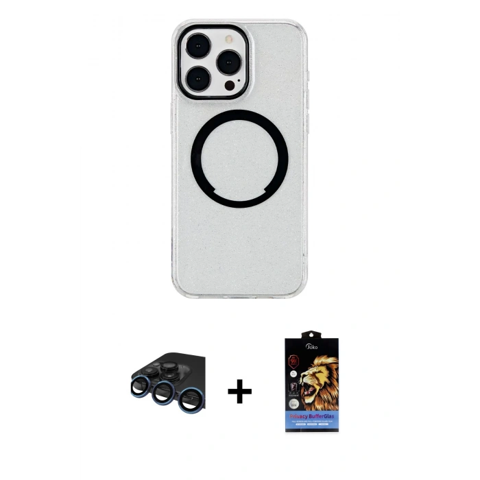 MARSİLYAN™- iPhone 15 Pro Max Kılıf Pusula Form - Siyah Buffer Hayalet Cam Ekran Koruyucu + Lacivert Raze Metal Kamera Lens
