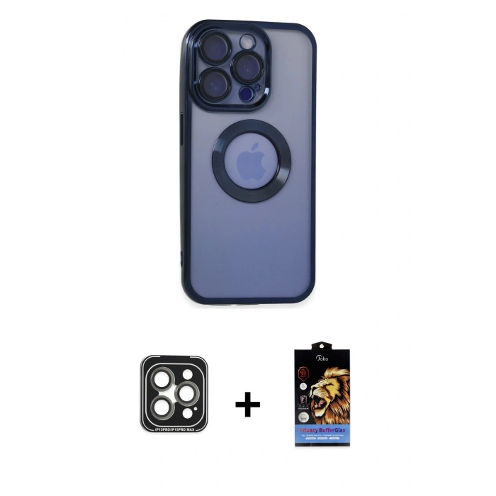 MARSİLYAN™- iPhone 15 Pro Max Kılıf Pusula Form - Siyah Buffer Hayalet Cam Ekran Koruyucu + PVD Metal Kamera Lens - GI
