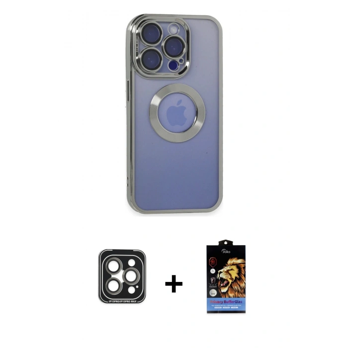 MARSİLYAN™- iPhone 15 Pro Max Kılıf Pusula Form - Siyah Buffer Hayalet Cam Ekran Koruyucu + PVD Metal Kamera Lens - GI