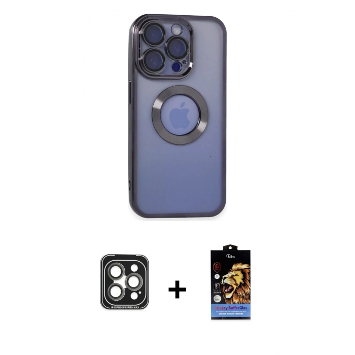 MARSİLYAN™- iPhone 15 Pro Max Kılıf Pusula Form - Siyah Buffer Hayalet Cam Ekran Koruyucu + PVD Metal Kamera Lens - GI