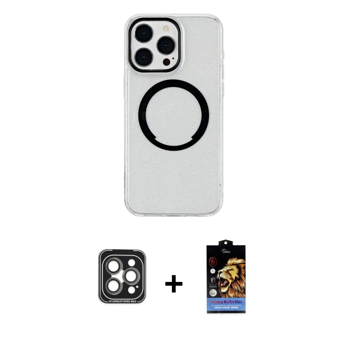 MARSİLYAN™- iPhone 15 Pro Max Kılıf Pusula Form - Siyah Buffer Hayalet Cam Ekran Koruyucu + PVD Metal Kamera Lens - GI