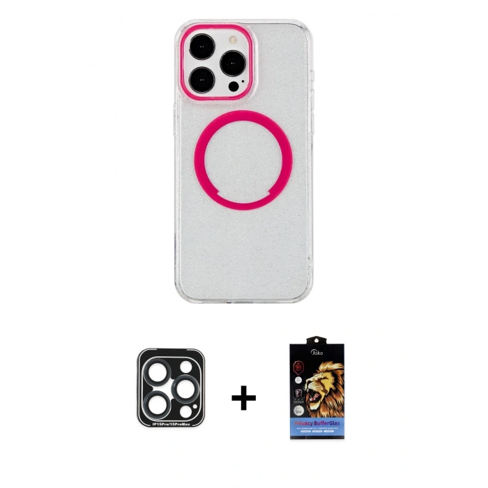 MARSİLYAN™- iPhone 15 Pro Max Kılıf Pusula Form - Siyah Buffer Hayalet Cam Ekran Koruyucu + PVD Metal Kamera Lens - LT
