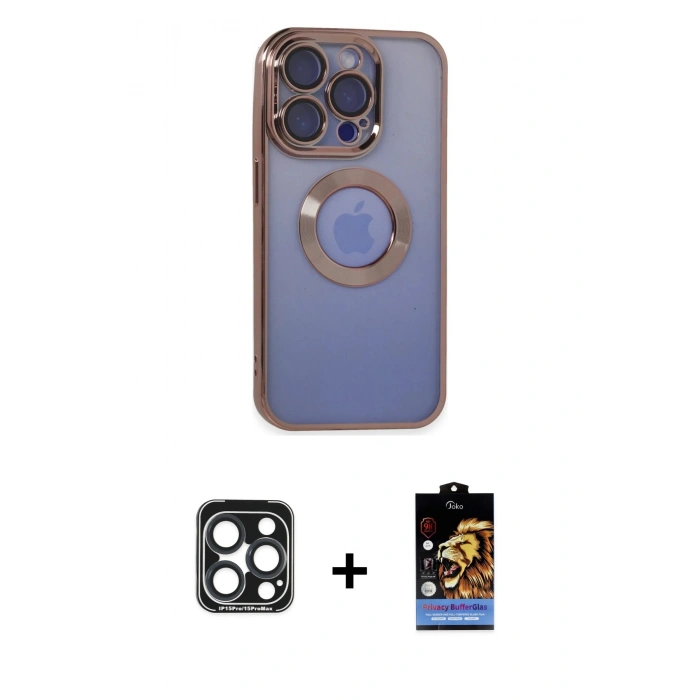 MARSİLYAN™- iPhone 15 Pro Max Kılıf Pusula Form - Siyah Buffer Hayalet Cam Ekran Koruyucu + PVD Metal Kamera Lens - LT