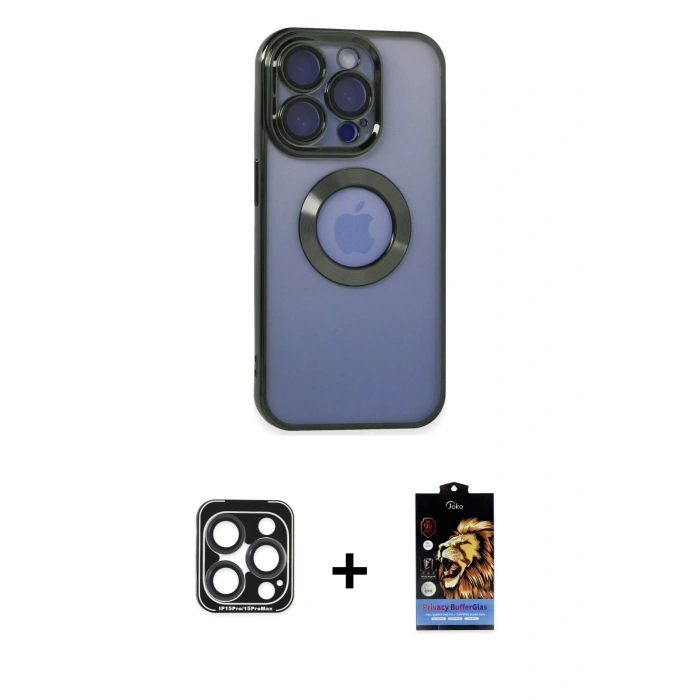 MARSİLYAN™- iPhone 15 Pro Max Kılıf Pusula Form - Siyah Buffer Hayalet Cam Ekran Koruyucu + PVD Metal Kamera Lens - LT