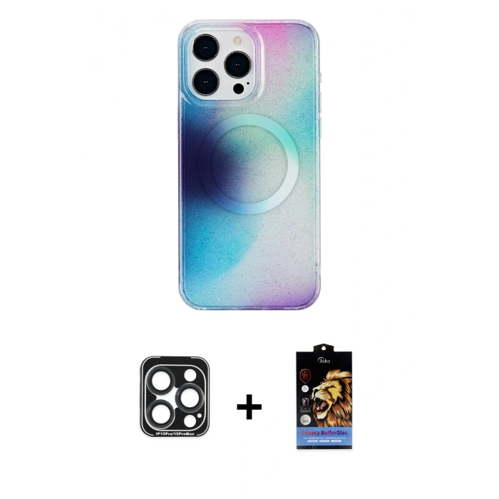 MARSİLYAN™- iPhone 15 Pro Max Kılıf Pusula Form - Siyah Buffer Hayalet Cam Ekran Koruyucu + PVD Metal Kamera Lens - LT