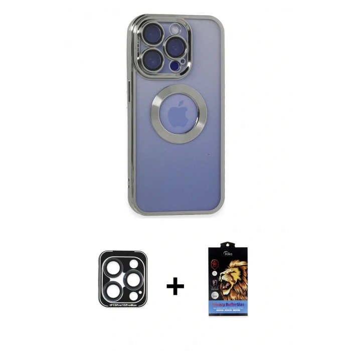 MARSİLYAN™- iPhone 15 Pro Max Kılıf Pusula Form - Siyah Buffer Hayalet Cam Ekran Koruyucu + PVD Metal Kamera Lens - LT