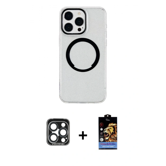 MARSİLYAN™- iPhone 15 Pro Max Kılıf Pusula Form - Siyah Buffer Hayalet Cam Ekran Koruyucu + PVD Metal Kamera Lens - LT