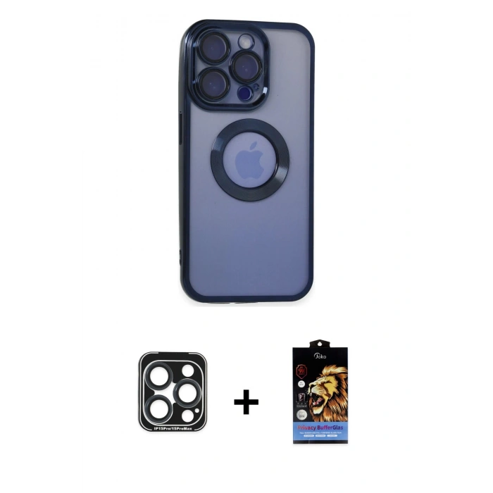 MARSİLYAN™- iPhone 15 Pro Max Kılıf Pusula Form - Siyah Buffer Hayalet Cam Ekran Koruyucu + PVD Metal Kamera Lens - LT