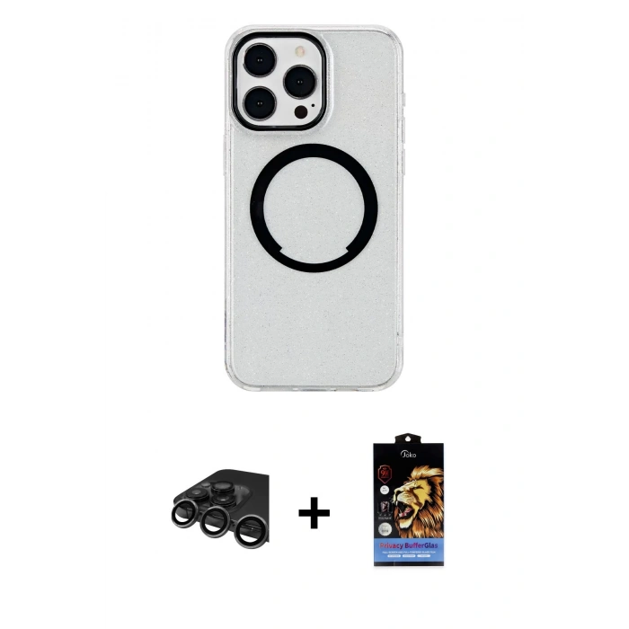 MARSİLYAN™- iPhone 15 Pro Max Kılıf Pusula Form - Siyah Buffer Hayalet Cam Ekran Koruyucu + Raze Metal Kamera Lens - TMGI