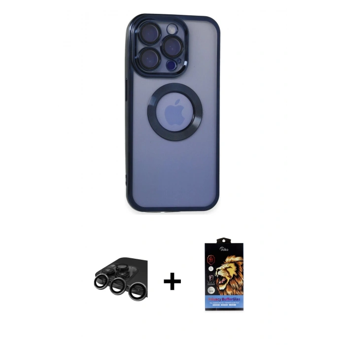 MARSİLYAN™- iPhone 15 Pro Max Kılıf Pusula Form - Siyah Buffer Hayalet Cam Ekran Koruyucu + Raze Metal Kamera Lens - TMGI