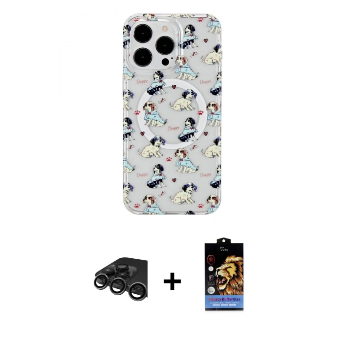 MARSİLYAN™- iPhone 15 Pro Max Kılıf Pusula Form - Siyah Buffer Hayalet Cam Ekran Koruyucu + Raze Metal Kamera Lens - TMGI