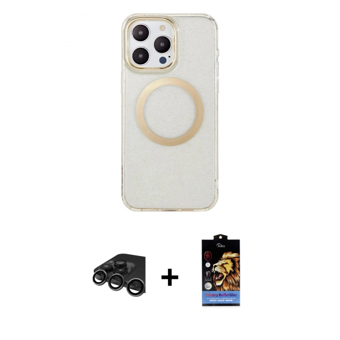 MARSİLYAN™- iPhone 15 Pro Max Kılıf Pusula Form - Siyah Buffer Hayalet Cam Ekran Koruyucu + Raze Metal Kamera Lens - TMGI
