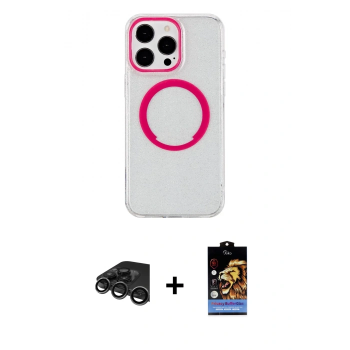 MARSİLYAN™- iPhone 15 Pro Max Kılıf Pusula Form - Siyah Buffer Hayalet Cam Ekran Koruyucu + Raze Metal Kamera Lens - TMGI